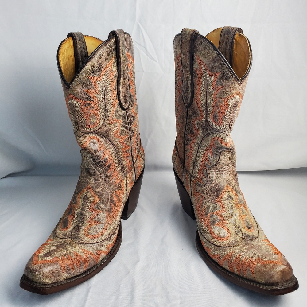 Corral Western Cowboy Boots with Orange and Brown Pattern Size 7 - Picture 2 of 10